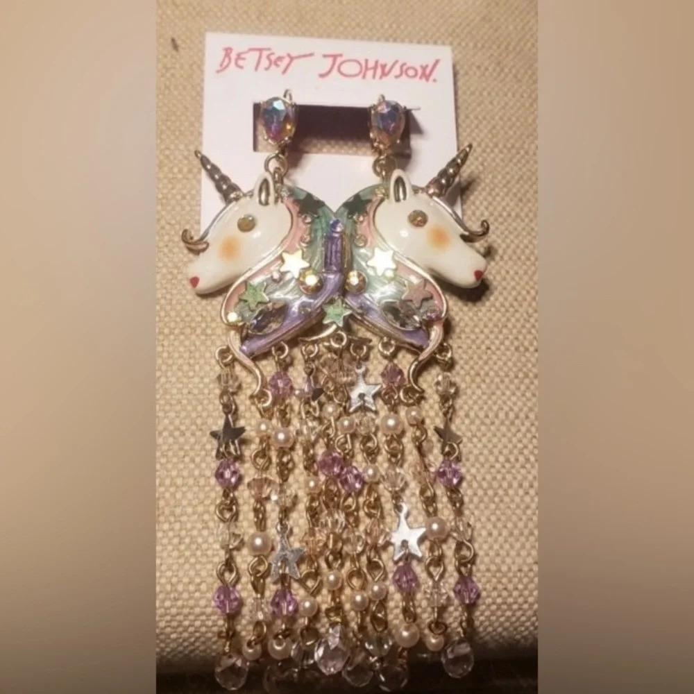 BETSEY JOHNSON Retired Long Dangling Unicorn Enamel AB Crystals Earrings NEW NWT